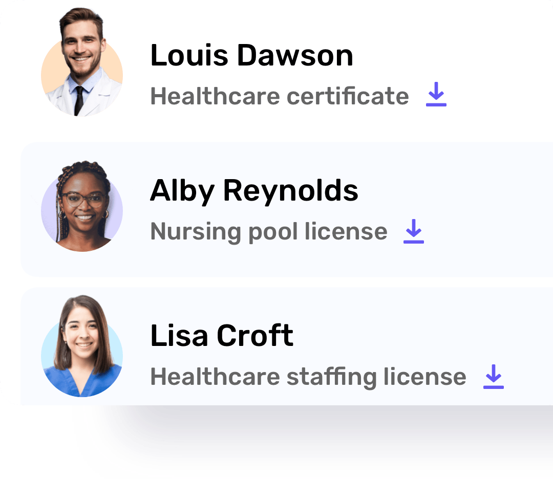Three headshots with names and healthcare credentials: Louis Dawson with a Healthcare certificate, Alby Reynolds with a Nursing pool license, and Lisa Croft with a Healthcare staffing license
