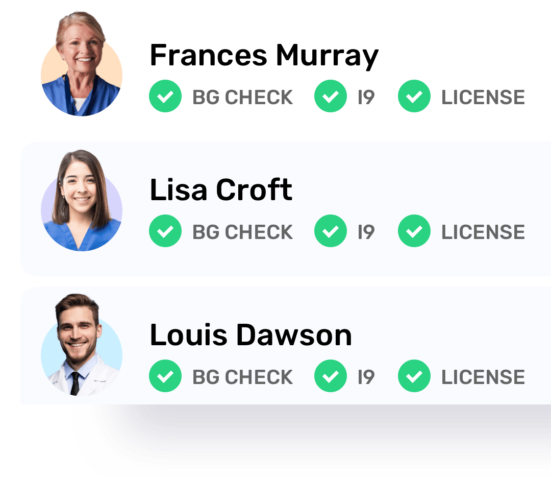 Three headshots with names and checkmarks indicating background check, I9, and license verification
