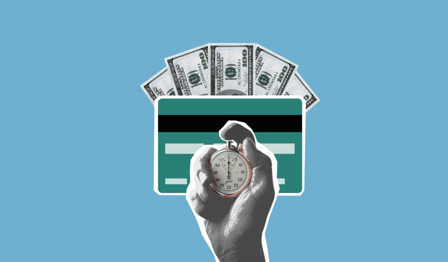Graphic of a hand holding a stopwatch in front of a credit card, with dollar bills in the background.