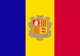 Flag of Andorra with vertical stripes in blue, yellow, and red, with the coat of arms in the center.