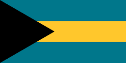 Flag of the Bahamas with horizontal stripes in blue and yellow, and a black triangle on the left.