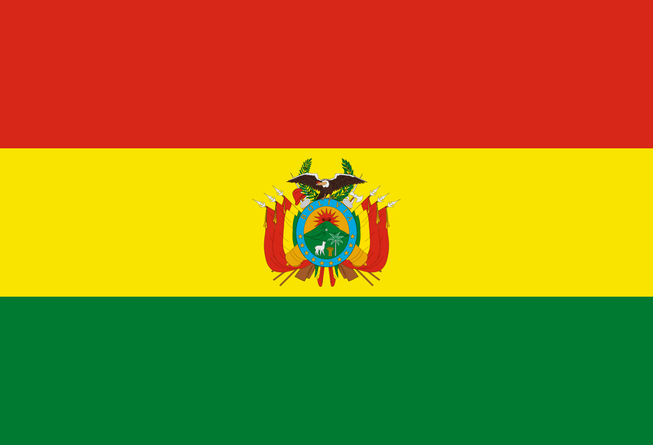 Flag of Bolivia with horizontal stripes in red, yellow, and green, with the coat of arms in the center.
