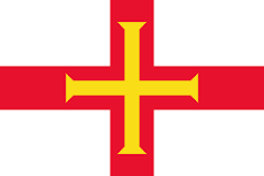 Flag of Guernsey with a white field and a red cross, with a smaller gold cross within the red cross.