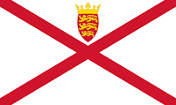 Flag of Jersey with a white field and a red saltire, with the red shield of Jersey and a golden crown in the center.