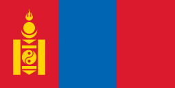 Flag of Mongolia with vertical stripes in red, blue, and red, with the Soyombo symbol in yellow on the left stripe.