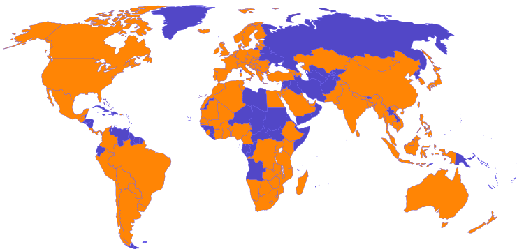World map with some countries highlighted in orange and others in blue.